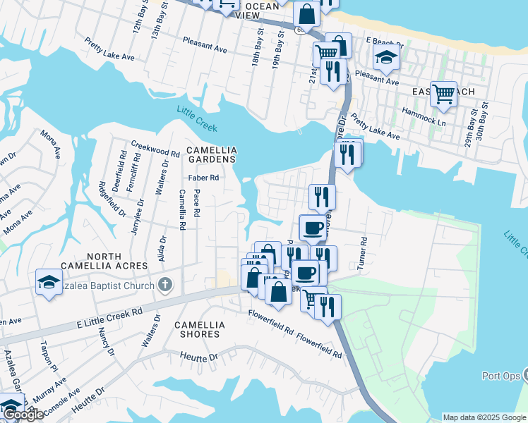 map of restaurants, bars, coffee shops, grocery stores, and more near 8118 Captains Way in Norfolk