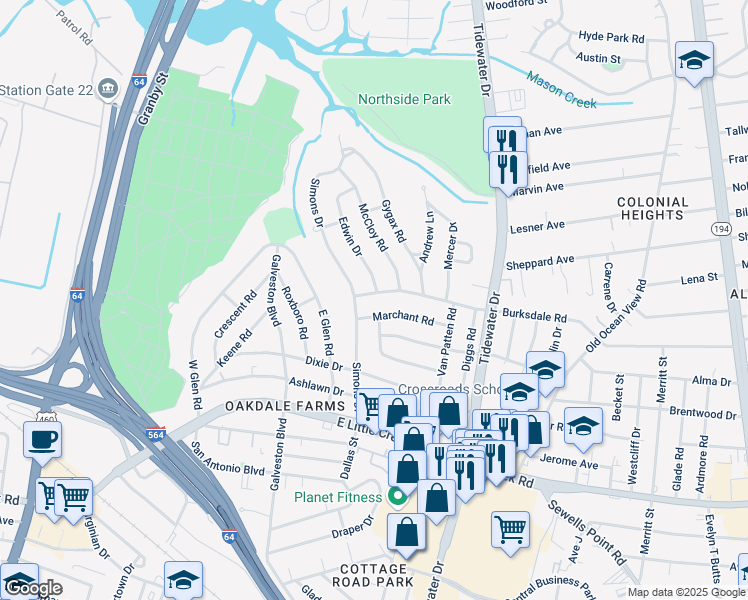 map of restaurants, bars, coffee shops, grocery stores, and more near 8108 Simons Drive in Norfolk