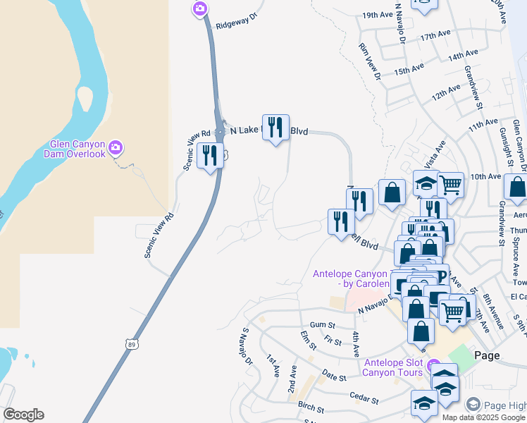 map of restaurants, bars, coffee shops, grocery stores, and more near 400 Clubhouse Drive in Page