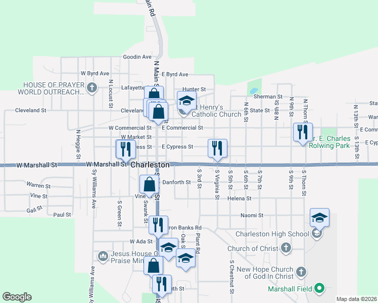 map of restaurants, bars, coffee shops, grocery stores, and more near 306 East Market Street in Charleston