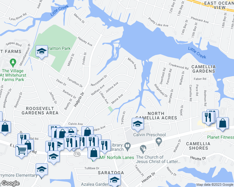 map of restaurants, bars, coffee shops, grocery stores, and more near 8324 Kanter Avenue in Norfolk