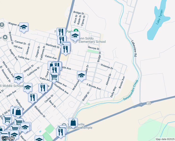 map of restaurants, bars, coffee shops, grocery stores, and more near 629 Cedar Drive in Watsonville