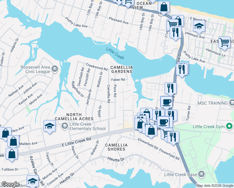 map of restaurants, bars, coffee shops, grocery stores, and more near 8126 Pace Road in Norfolk