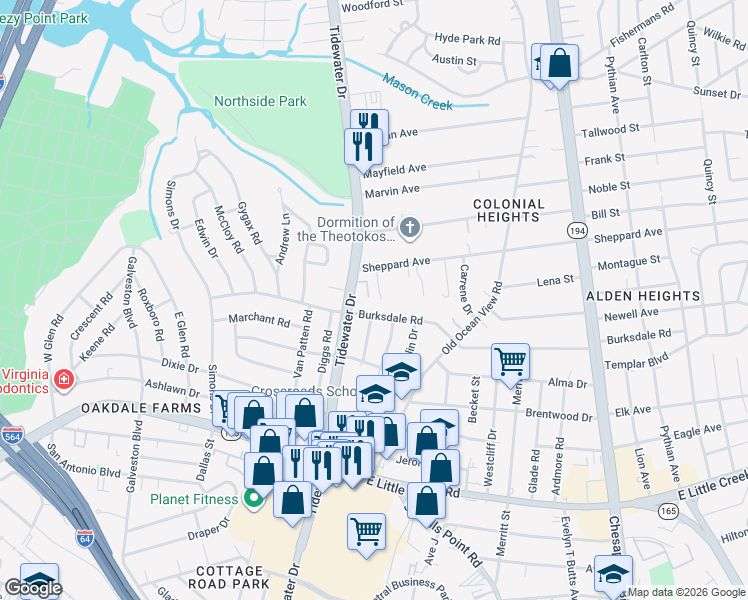 map of restaurants, bars, coffee shops, grocery stores, and more near 8226 Tidewater Drive in Norfolk