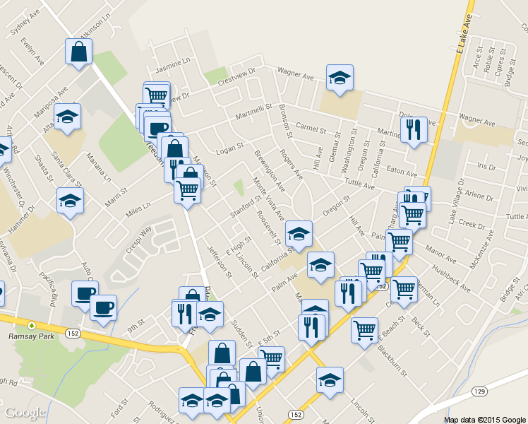 map of restaurants, bars, coffee shops, grocery stores, and more near 79 Monte Vista Avenue in Watsonville