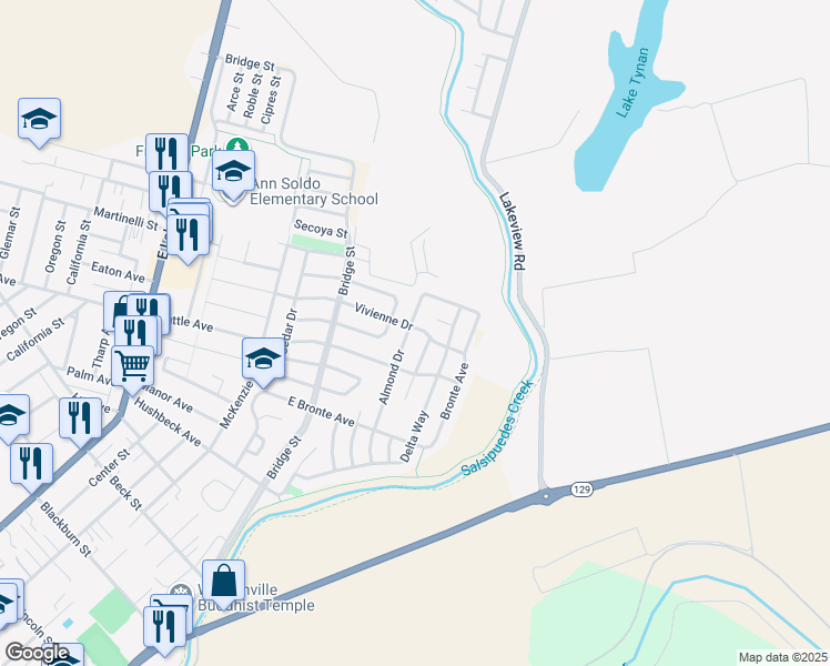 map of restaurants, bars, coffee shops, grocery stores, and more near 443 Vivienne Drive in Watsonville