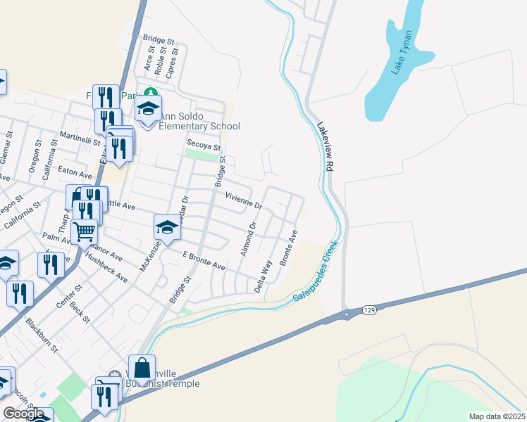 map of restaurants, bars, coffee shops, grocery stores, and more near 443 Vivienne Drive in Watsonville
