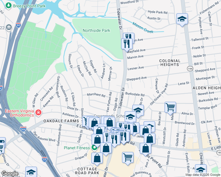 map of restaurants, bars, coffee shops, grocery stores, and more near 602 Carraway Court in Norfolk