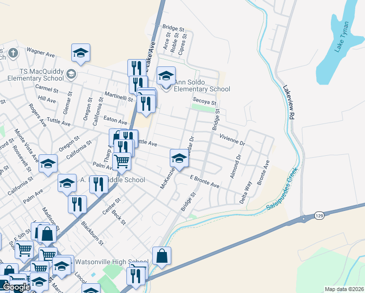 map of restaurants, bars, coffee shops, grocery stores, and more near 629 Cedar Drive in Watsonville