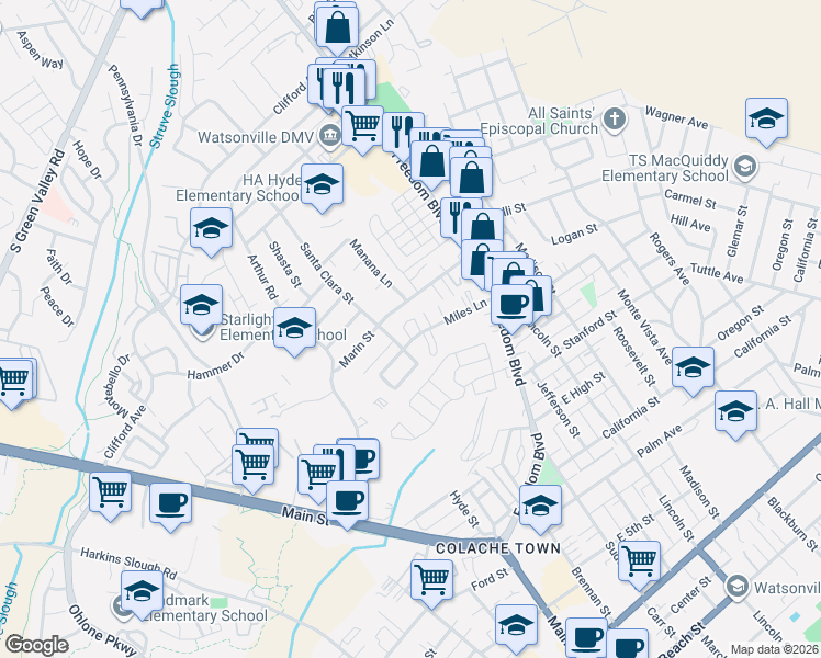 map of restaurants, bars, coffee shops, grocery stores, and more near 89 Marin Street in Watsonville