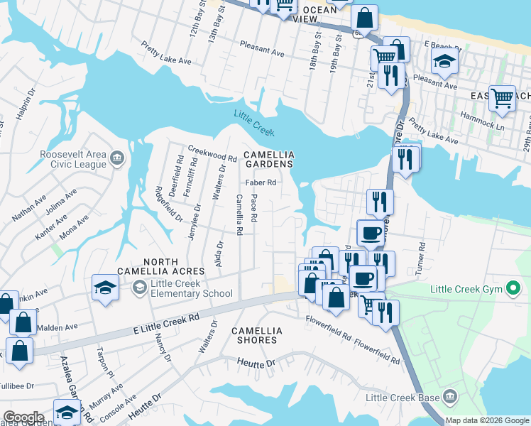 map of restaurants, bars, coffee shops, grocery stores, and more near 8126 Pace Road in Norfolk