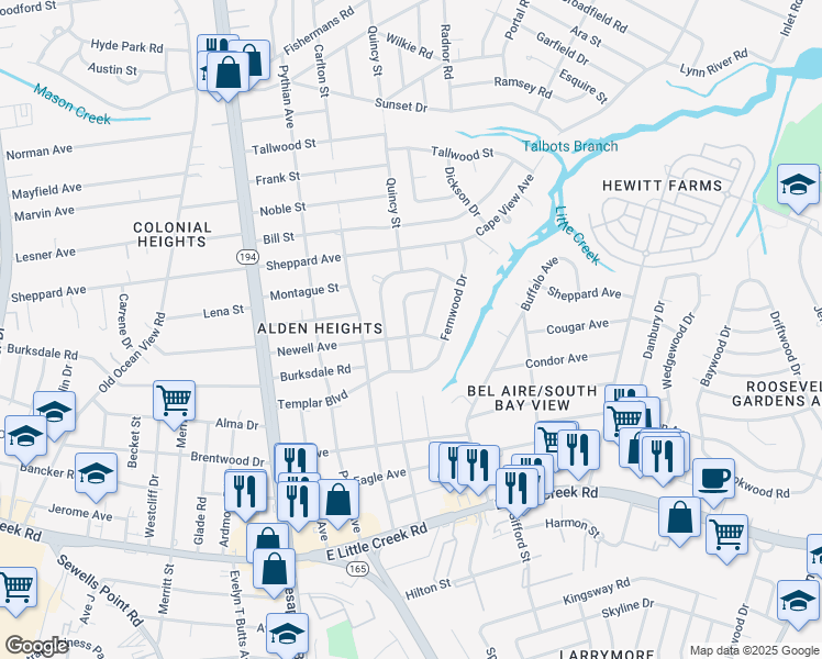 map of restaurants, bars, coffee shops, grocery stores, and more near 8235 Barkwood Drive in Norfolk