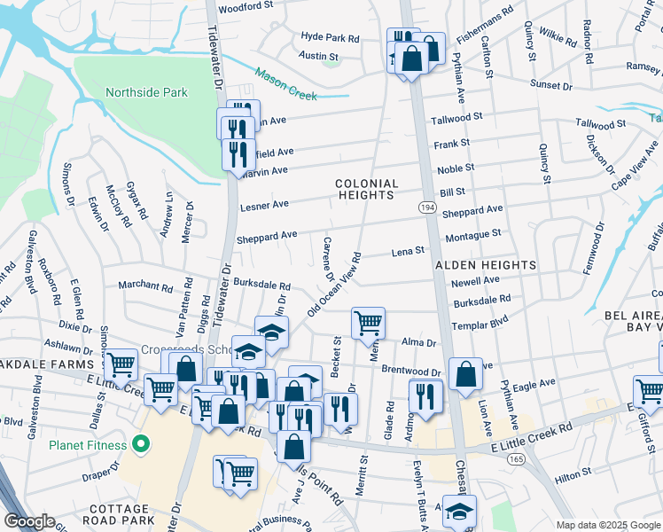 map of restaurants, bars, coffee shops, grocery stores, and more near 8226 Carrene Drive in Norfolk