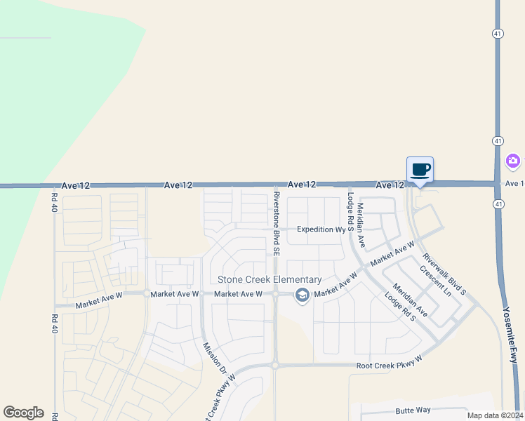 map of restaurants, bars, coffee shops, grocery stores, and more near 135 Sunset Drive South in Madera
