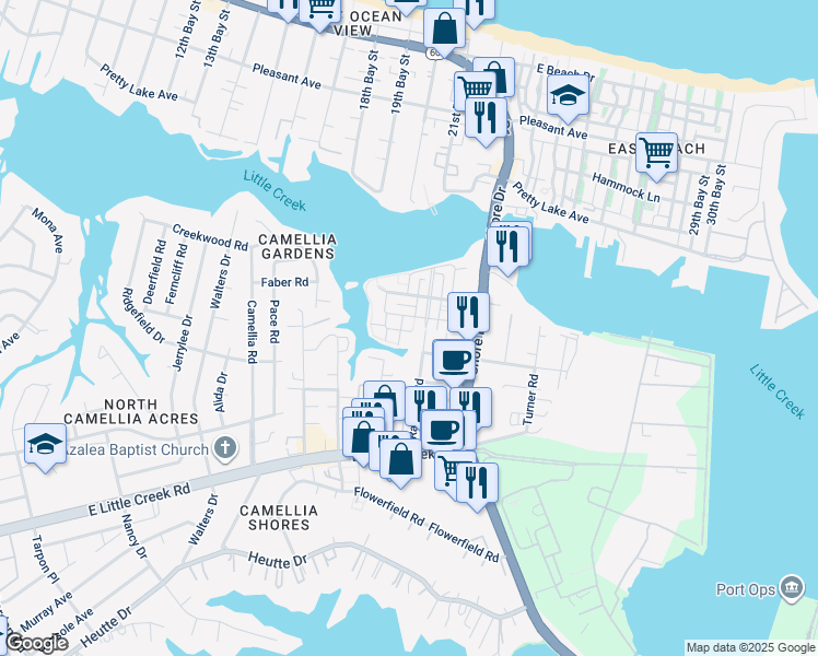 map of restaurants, bars, coffee shops, grocery stores, and more near 4164 Mariners Point Road in Norfolk