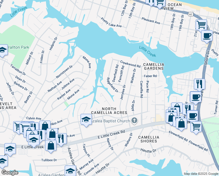 map of restaurants, bars, coffee shops, grocery stores, and more near 2909 Ridgefield Drive in Norfolk