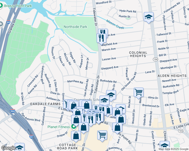 map of restaurants, bars, coffee shops, grocery stores, and more near 602 Carraway Court in Norfolk