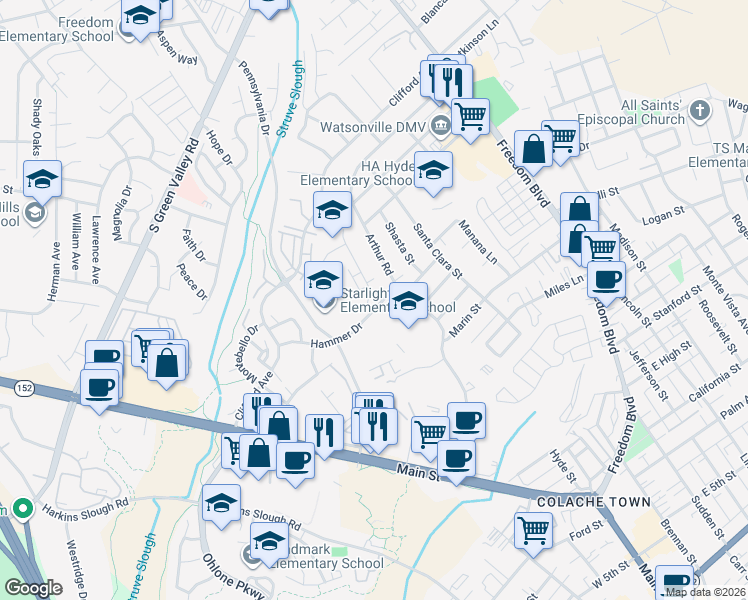 map of restaurants, bars, coffee shops, grocery stores, and more near 402 Winchester Drive in Watsonville