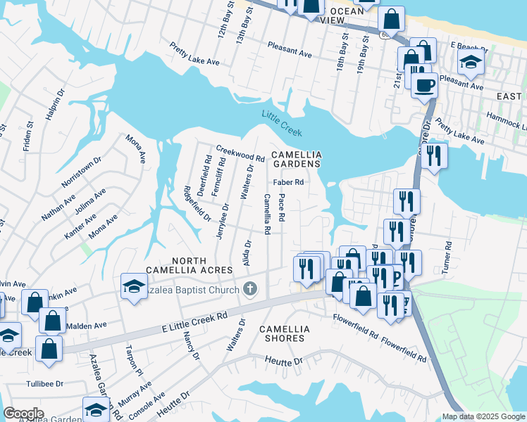 map of restaurants, bars, coffee shops, grocery stores, and more near 8117 Camellia Road in Norfolk