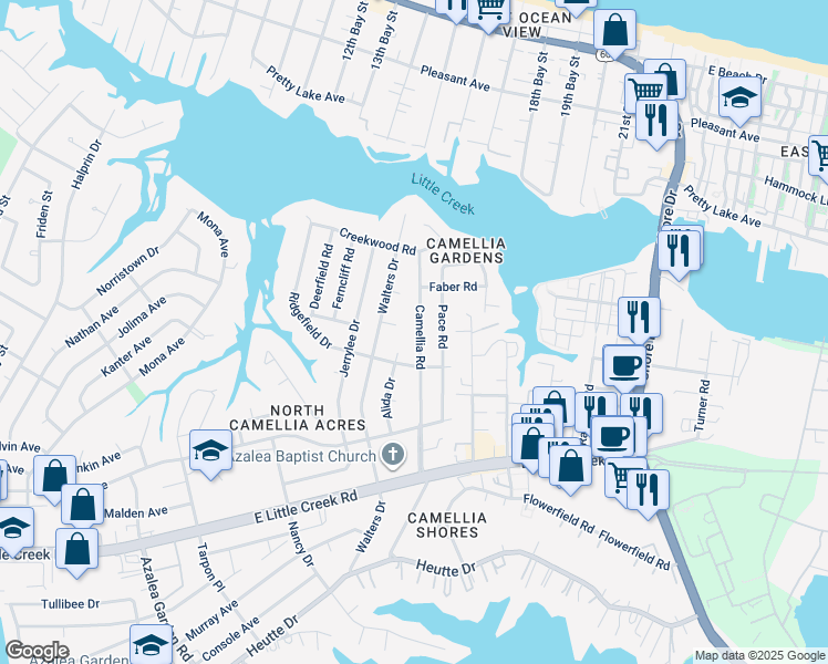 map of restaurants, bars, coffee shops, grocery stores, and more near 8117 Camellia Road in Norfolk