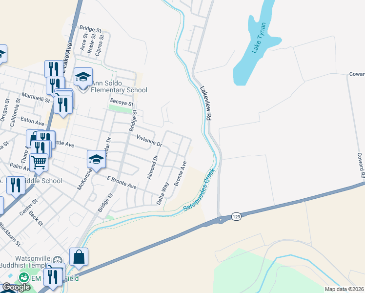 map of restaurants, bars, coffee shops, grocery stores, and more near 836 Delta Way in Watsonville