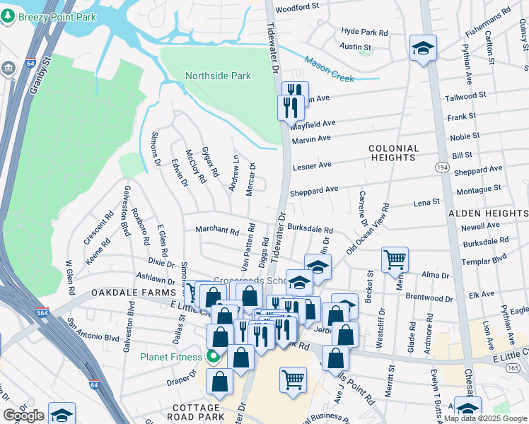 map of restaurants, bars, coffee shops, grocery stores, and more near 602 Carraway Court in Norfolk