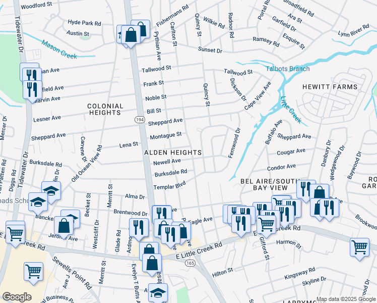 map of restaurants, bars, coffee shops, grocery stores, and more near 8233 Carlton Street in Norfolk