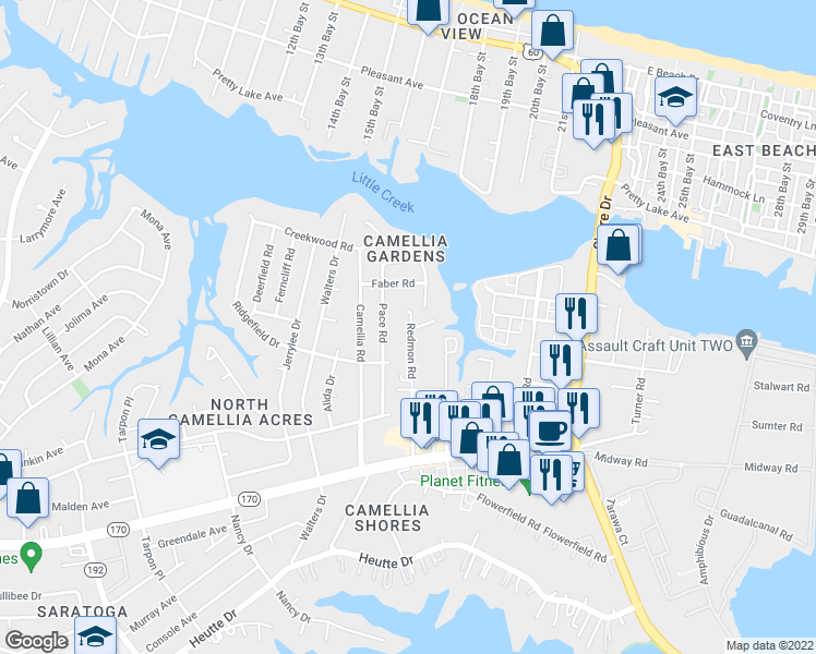 map of restaurants, bars, coffee shops, grocery stores, and more near 8126 Pace Road in Norfolk