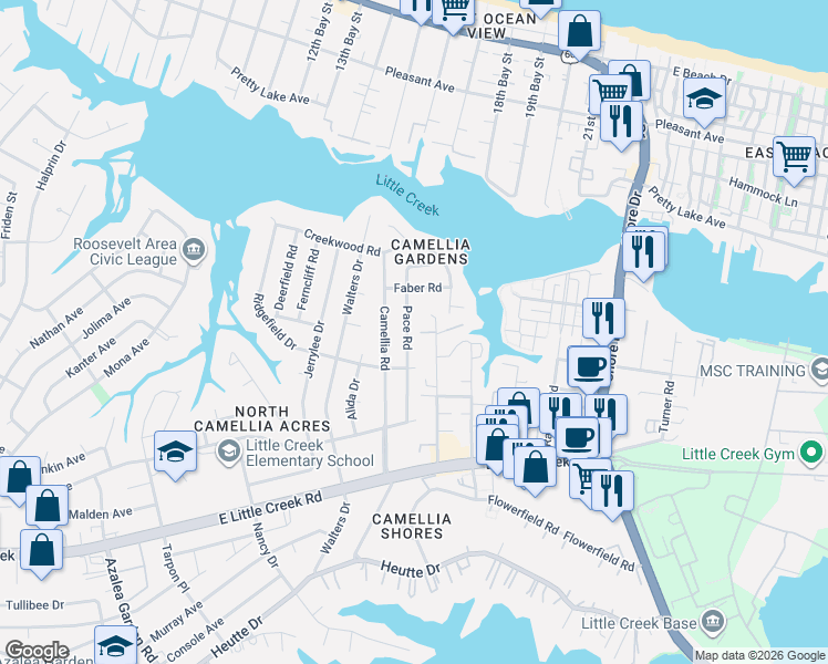 map of restaurants, bars, coffee shops, grocery stores, and more near 8126 Pace Road in Norfolk