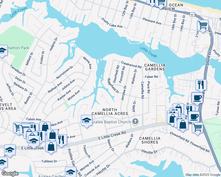 map of restaurants, bars, coffee shops, grocery stores, and more near 2909 Ridgefield Drive in Norfolk
