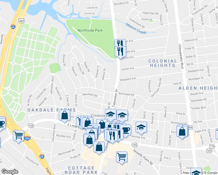 map of restaurants, bars, coffee shops, grocery stores, and more near 602 Carraway Court in Norfolk