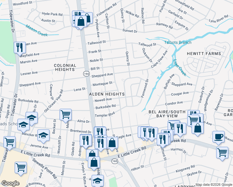 map of restaurants, bars, coffee shops, grocery stores, and more near 8233 Carlton Street in Norfolk