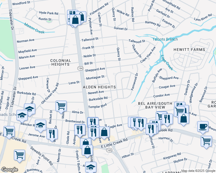 map of restaurants, bars, coffee shops, grocery stores, and more near 8233 Carlton Street in Norfolk