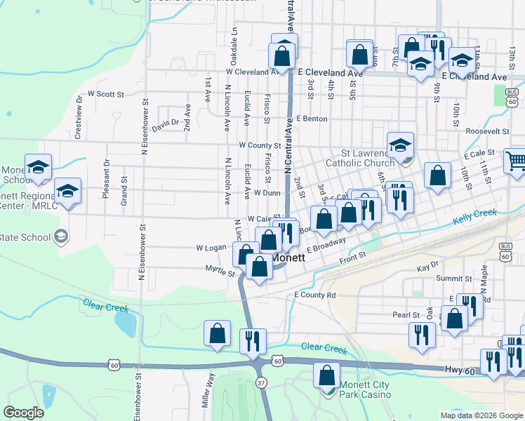 map of restaurants, bars, coffee shops, grocery stores, and more near 413 Frisco Avenue in Monett