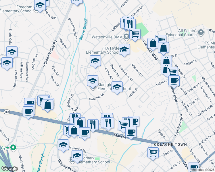 map of restaurants, bars, coffee shops, grocery stores, and more near 402 Winchester Drive in Watsonville