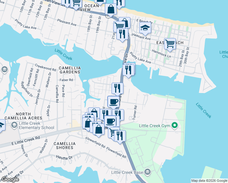 map of restaurants, bars, coffee shops, grocery stores, and more near 8131 Shore Drive in Norfolk