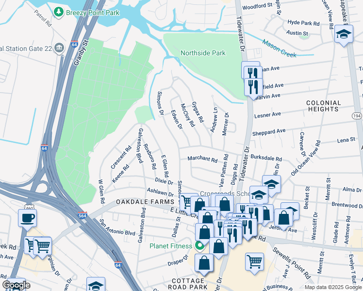 map of restaurants, bars, coffee shops, grocery stores, and more near 8200 Simons Drive in Norfolk