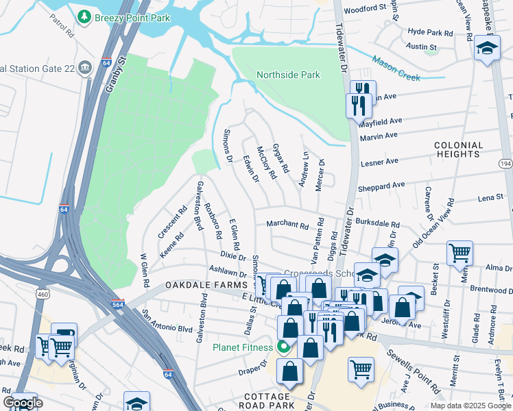 map of restaurants, bars, coffee shops, grocery stores, and more near 8200 Simons Drive in Norfolk
