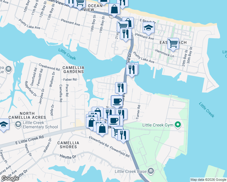 map of restaurants, bars, coffee shops, grocery stores, and more near 8232 North View Boulevard in Norfolk