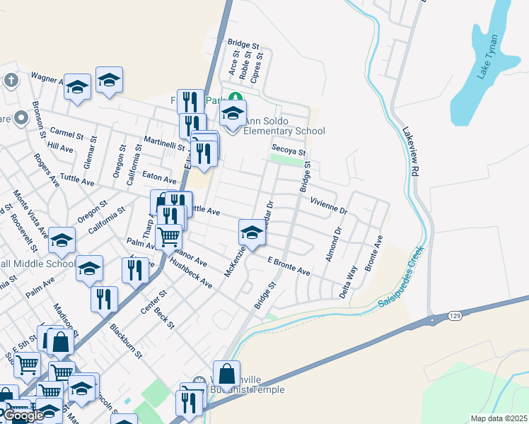 map of restaurants, bars, coffee shops, grocery stores, and more near 613 Cedar Drive in Watsonville
