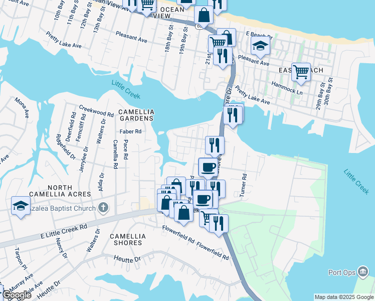 map of restaurants, bars, coffee shops, grocery stores, and more near 4164 Mariners Point Road in Norfolk