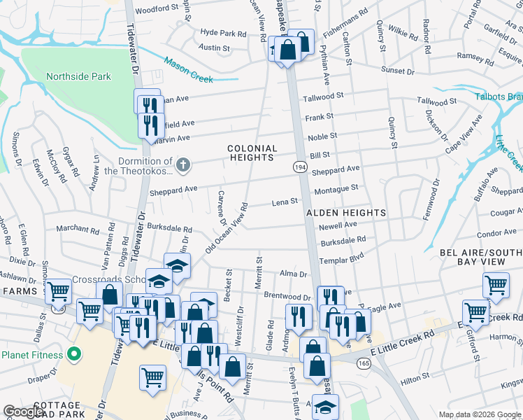 map of restaurants, bars, coffee shops, grocery stores, and more near 938 Lena Street in Norfolk