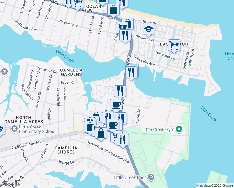 map of restaurants, bars, coffee shops, grocery stores, and more near 8131 Shore Drive in Norfolk