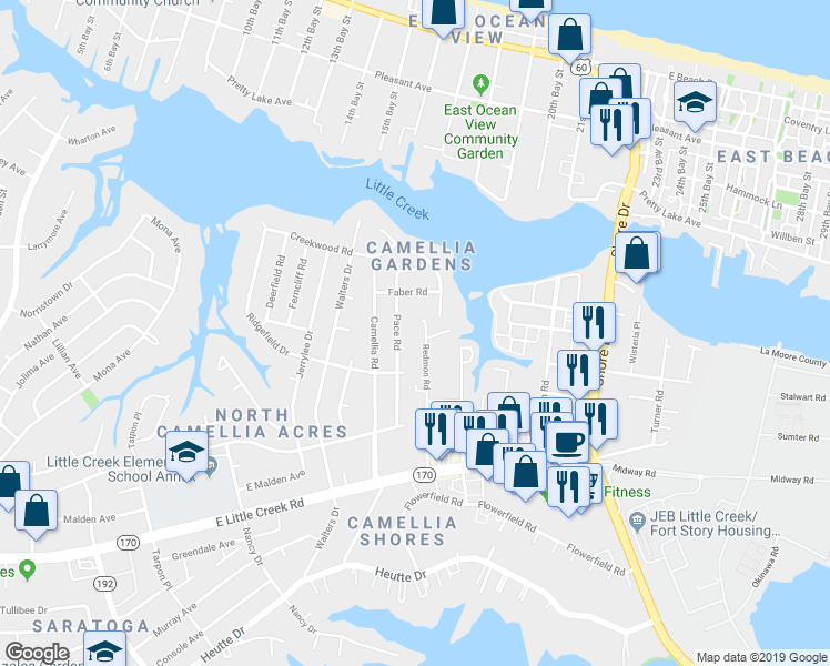 map of restaurants, bars, coffee shops, grocery stores, and more near 8115 Redmon Road in Norfolk