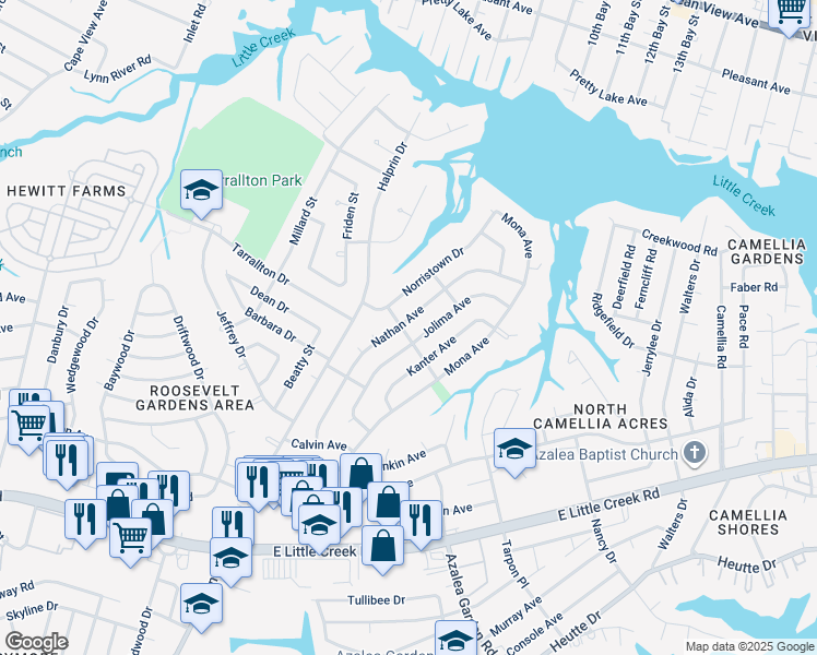 map of restaurants, bars, coffee shops, grocery stores, and more near 8300 Nathan Avenue in Norfolk
