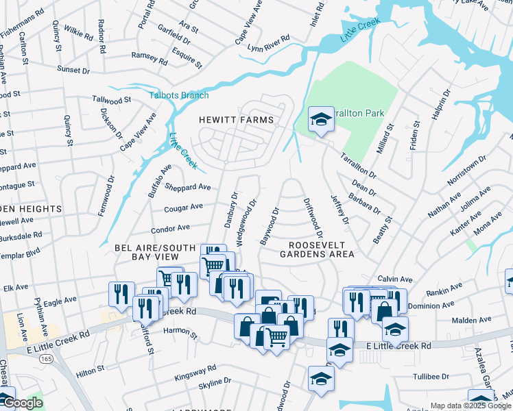 map of restaurants, bars, coffee shops, grocery stores, and more near 8214 Wedgewood Drive in Norfolk