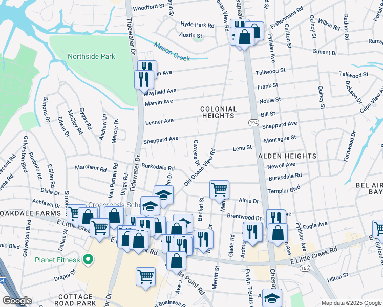 map of restaurants, bars, coffee shops, grocery stores, and more near 8233 Carrene Drive in Norfolk