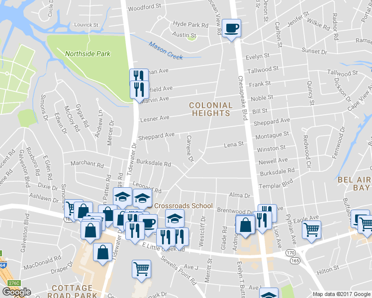map of restaurants, bars, coffee shops, grocery stores, and more near 8233 Carrene Drive in Norfolk