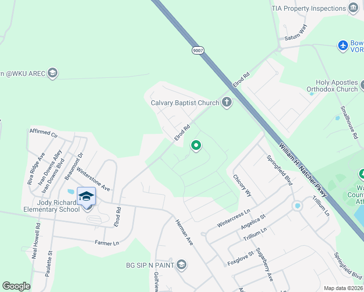 map of restaurants, bars, coffee shops, grocery stores, and more near 2797 Elrod Road in Bowling Green