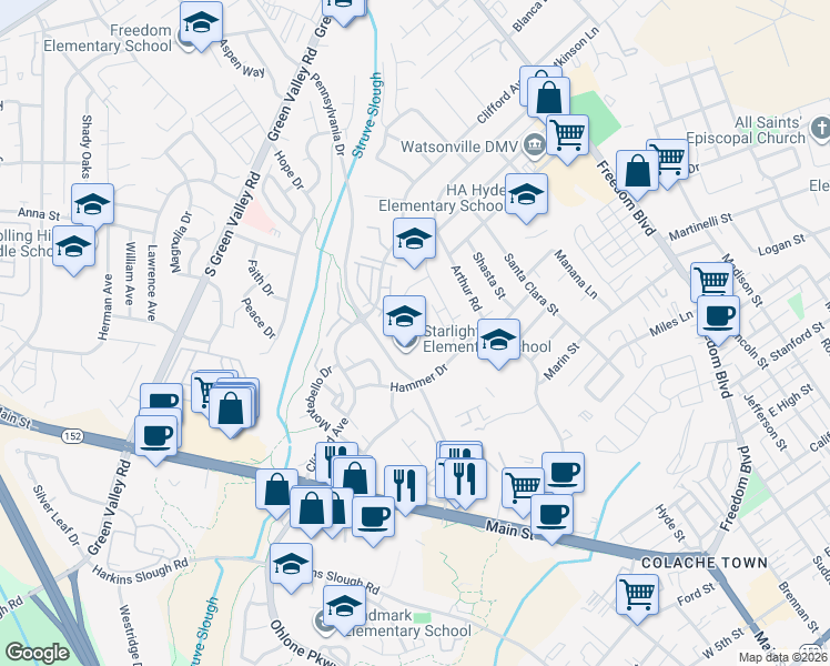 map of restaurants, bars, coffee shops, grocery stores, and more near 225 Hammer Drive in Watsonville